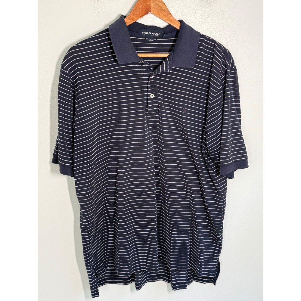 Polo Golf Ralph Lauren Mens Navy Blue White Striped Pima Cotton Polo Shirt Large